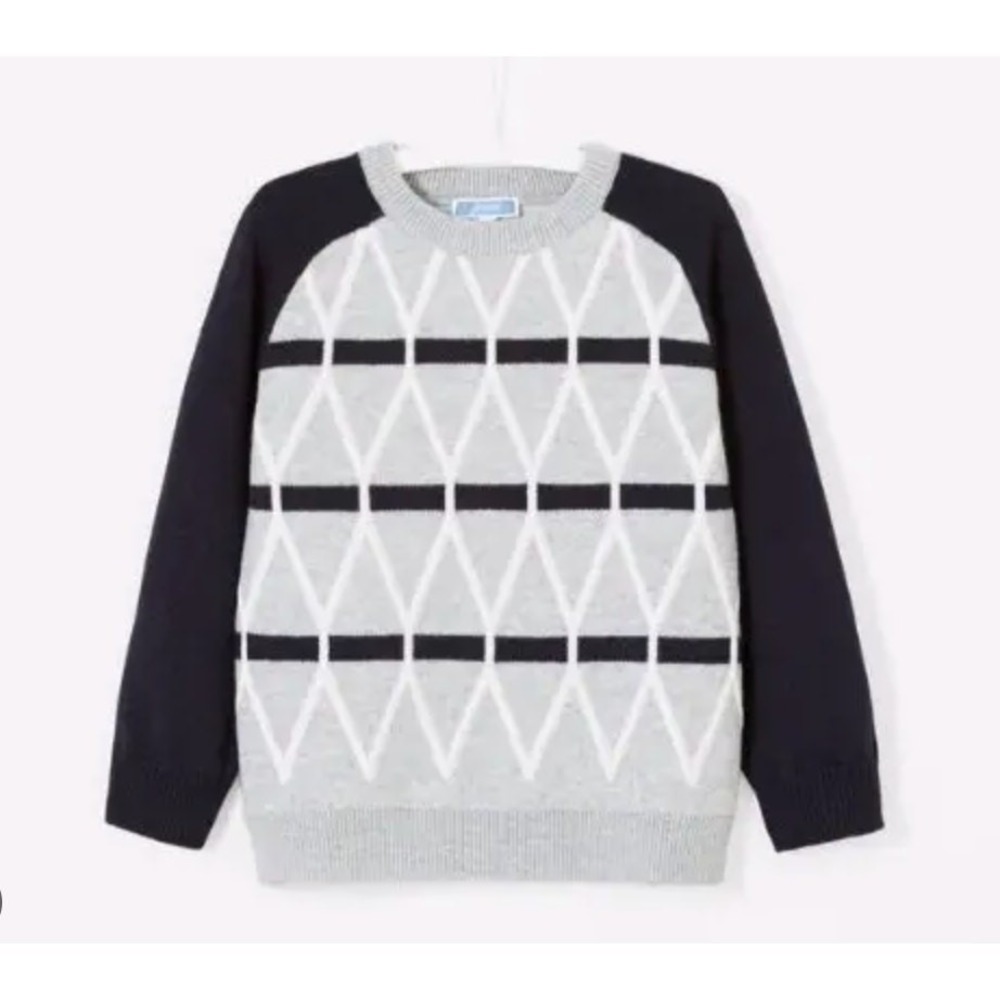 Jacadi Paris Boys Knit Sweater Grey Navy 12A Wool Blend Raglan Diamond Heritage